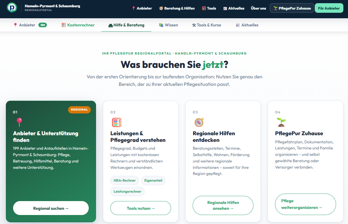 Aktueller Bereich Hilfe und Beratung des PflegePur Regionalportals Hameln-Pyrmont und Schaumburg
