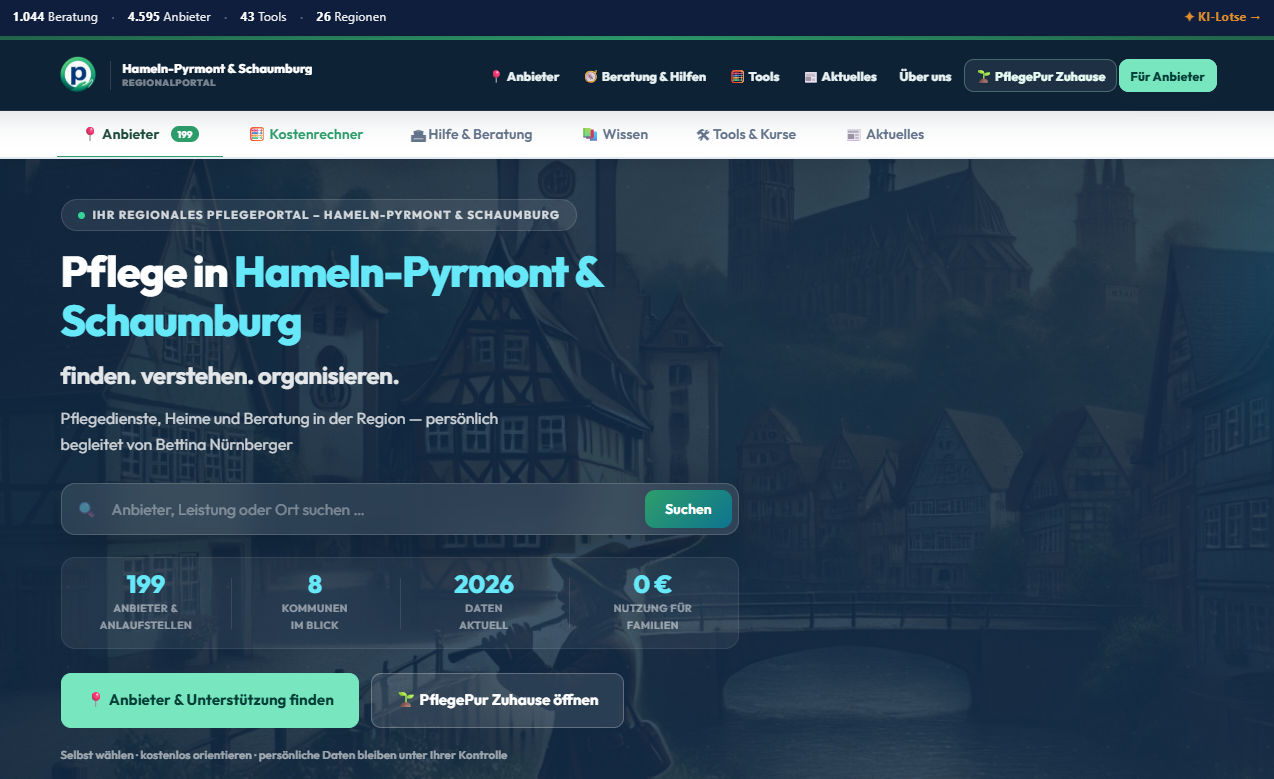 Aktuelle Startseite des PflegePur Regionalportals Hameln-Pyrmont und Schaumburg