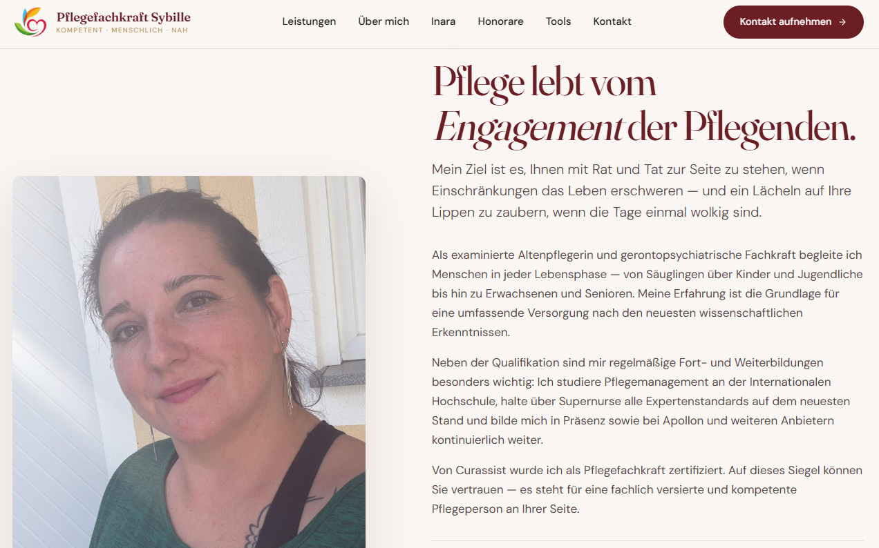 Pflegefachkraft Sybille – von PflegePur realisierte Webseite